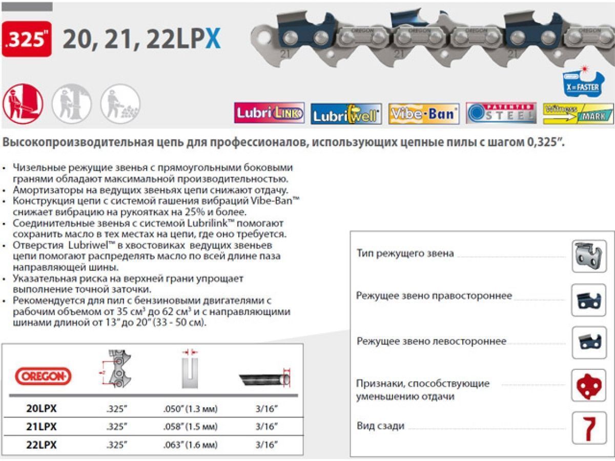 Цепь 40 см 16" 0.325" 1.5 мм 66 зв. 21LPX (затачиваются напильником 4.8 мм, для проф. интенсивного использования) OREGON 21LPX066E