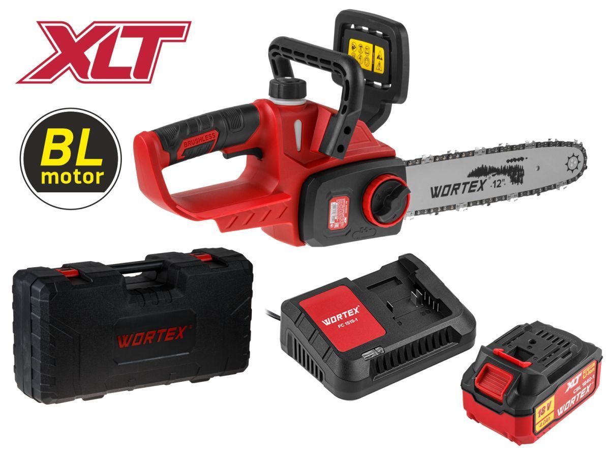 Аккум. пила цепная CEC 3018-1 в чем. XLT SET БЕСЩЁТ., 18 В, 30 см (1 акб. 4 Ач, ЗУ, шина 30 см, 3/8", 1.1 мм, 44 звена, автосмазка) WORTEX 2333044