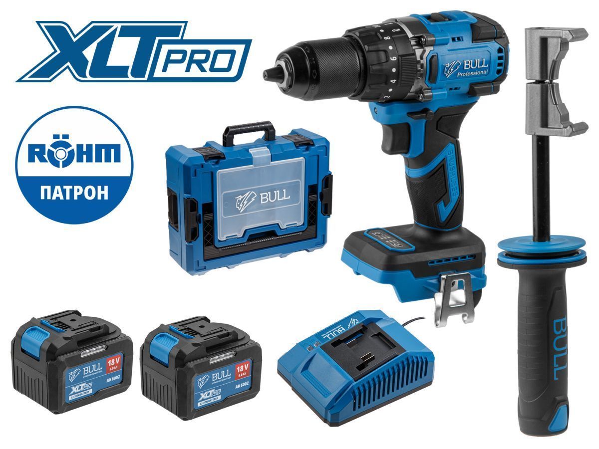 Аккум. дрель-шуруповерт SR 1806 R-series Xcase XLTpro БЕСЩЕТ., Удар., 18 В, 80 Н*м, 2х6 А*ч (Импульс. режим, "AntiKickback", Автостоп на реверсе, 6 ступеней регулировки оборотов, шурупы до 10 м) BULL 2329060