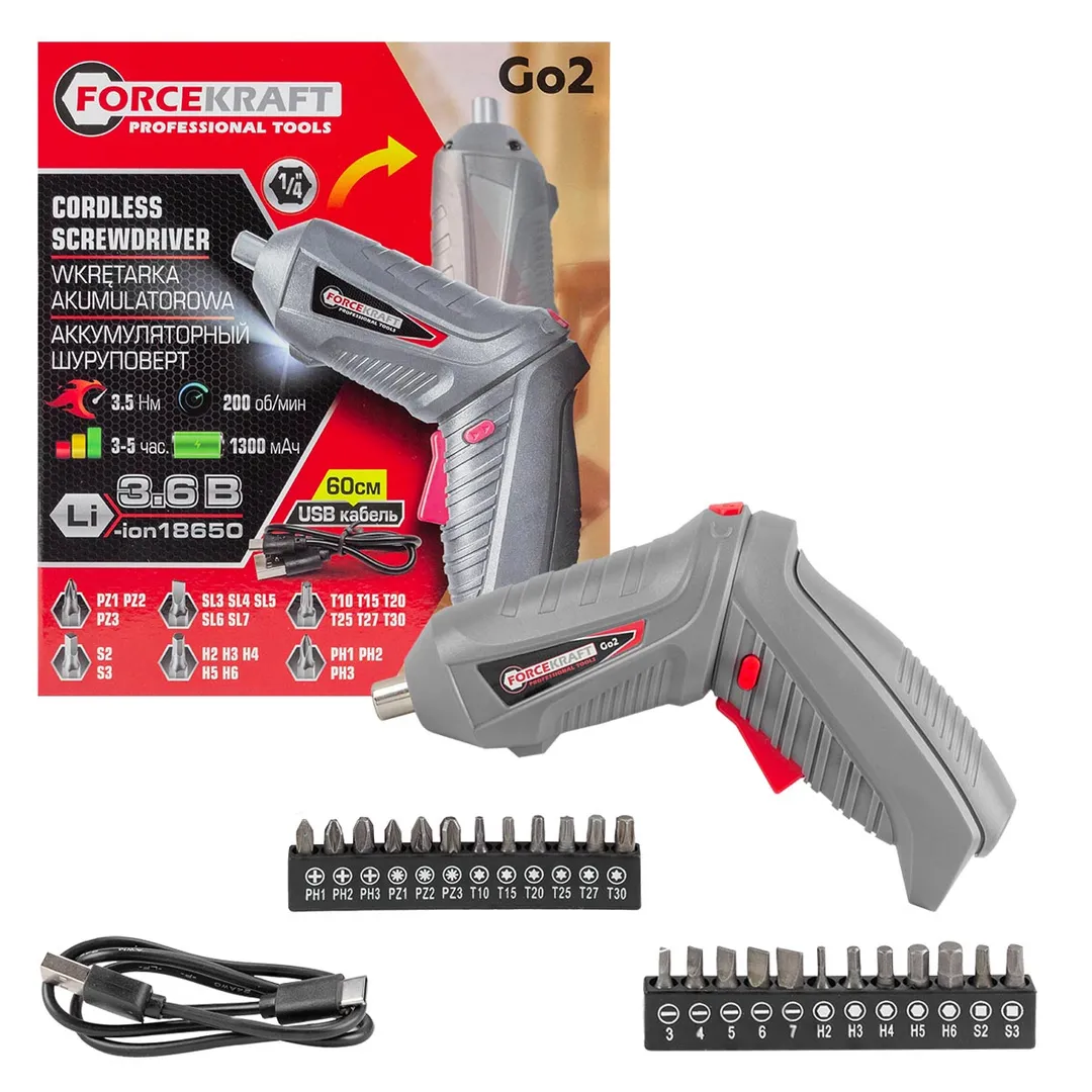 Шуруповерт (отвертка) аккумуляторный, 1/4", 3.5Нм, 200 об/мин, FORCEKRAFT Go 2