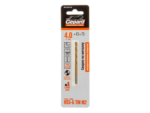 Сверло по металлу ц/x 4.0x43x75 mm HSS TIN GEPARD GP1340-075