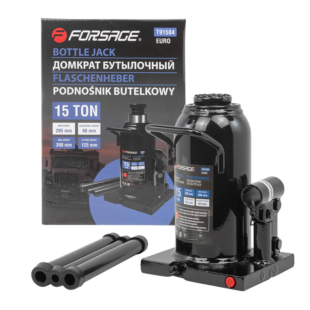 Домкрат бутылочный 15т с клапаном (h min 205мм, h max 390мм) Forsage F-T91504(Euro)