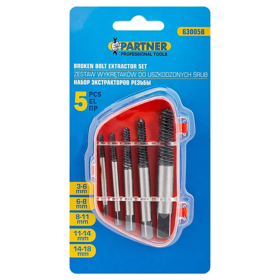 Набор экстракторов резьбы 5пр.(М3-М18; ?:3-6мм, 6-8мм, 8-11мм, 11-14мм, 14-18мм; "мелкий шаг"), в пластиковом футляре Partner PA-63005B