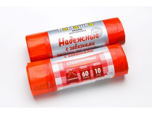 Мешки для мусора с завязками, 60 л, 10 шт, "НАДЕЖНЫЕ", красные (59х64 см/23 мкН) РОМАШКА ВЗ0601014