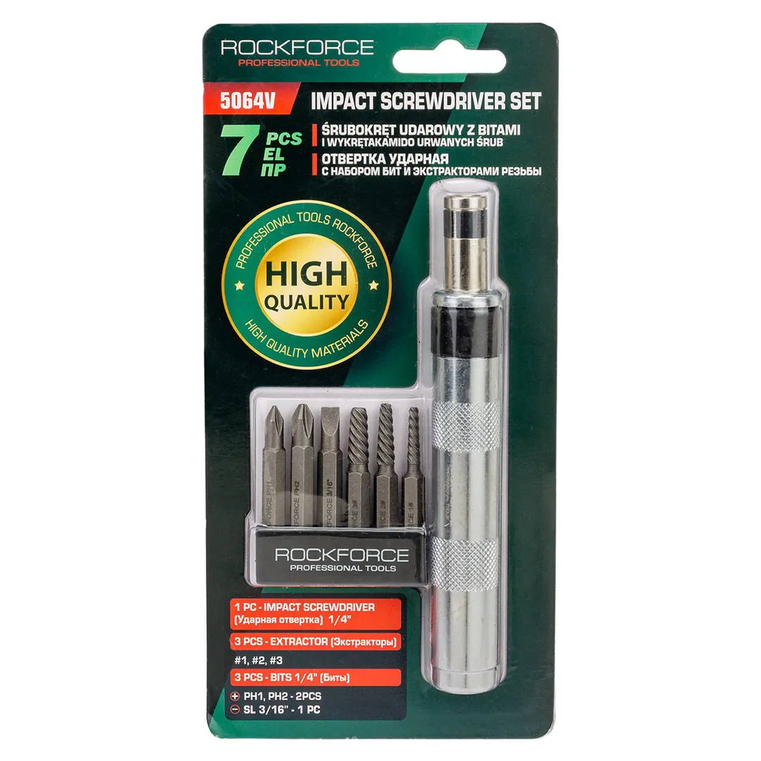 Отвертка ударная с набором бит и экстракторами резьбы 7пр. RockFORCE ...Rock FORCE RF-5064V