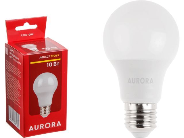 Лампа светодиодная A60 СТАНДАРТ 10Вт 230В E27 2700K  AURORA A200-004