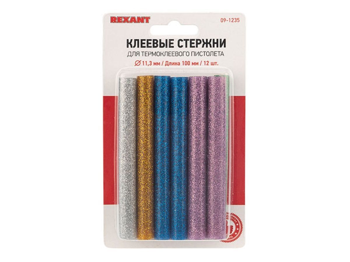 Стержни клеевые d=11.3 mm, L=100 mm, цветные с блестками (упак. 12 шт.) (блистер) REXANT 09-1235