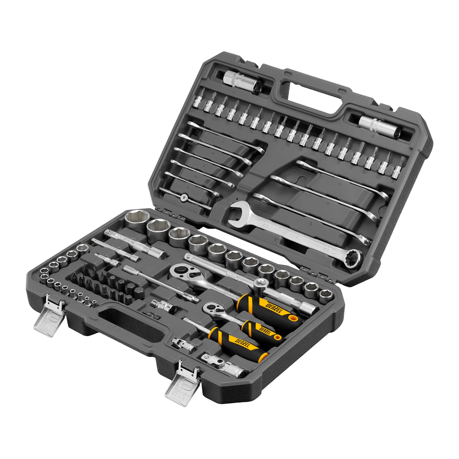 Набор инструментов, 1/2", 1/4", CrV, S2, пластиковый кейс, 82 предмета  ...DENZEL 15809