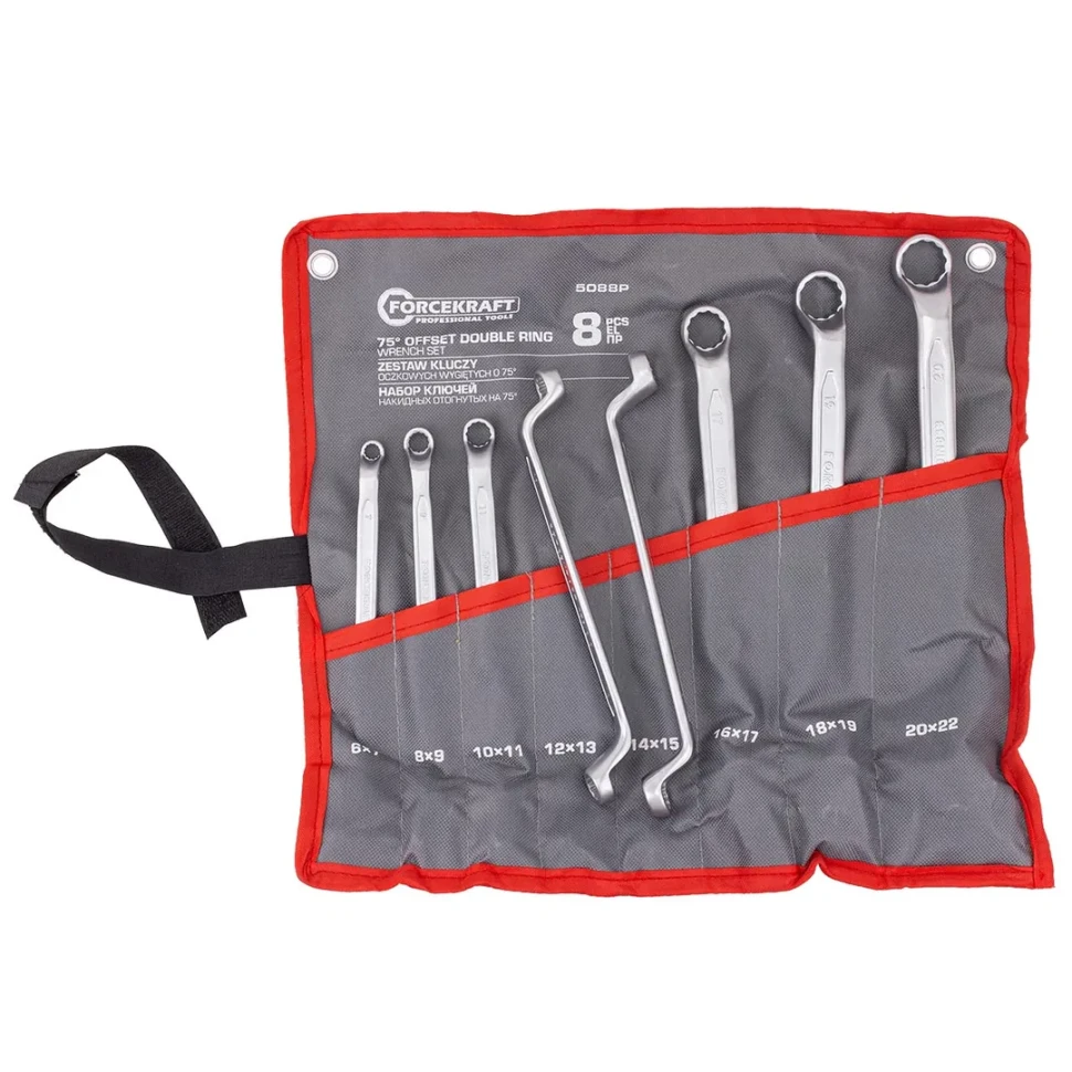 Ключи накидные отогнутые на 75град., набор 8пр. (6х7, 8х9, 10х11, 12х13, 14х15, 16х17, 18х19, 20х22м...FORCEKRAFT FK-5088P