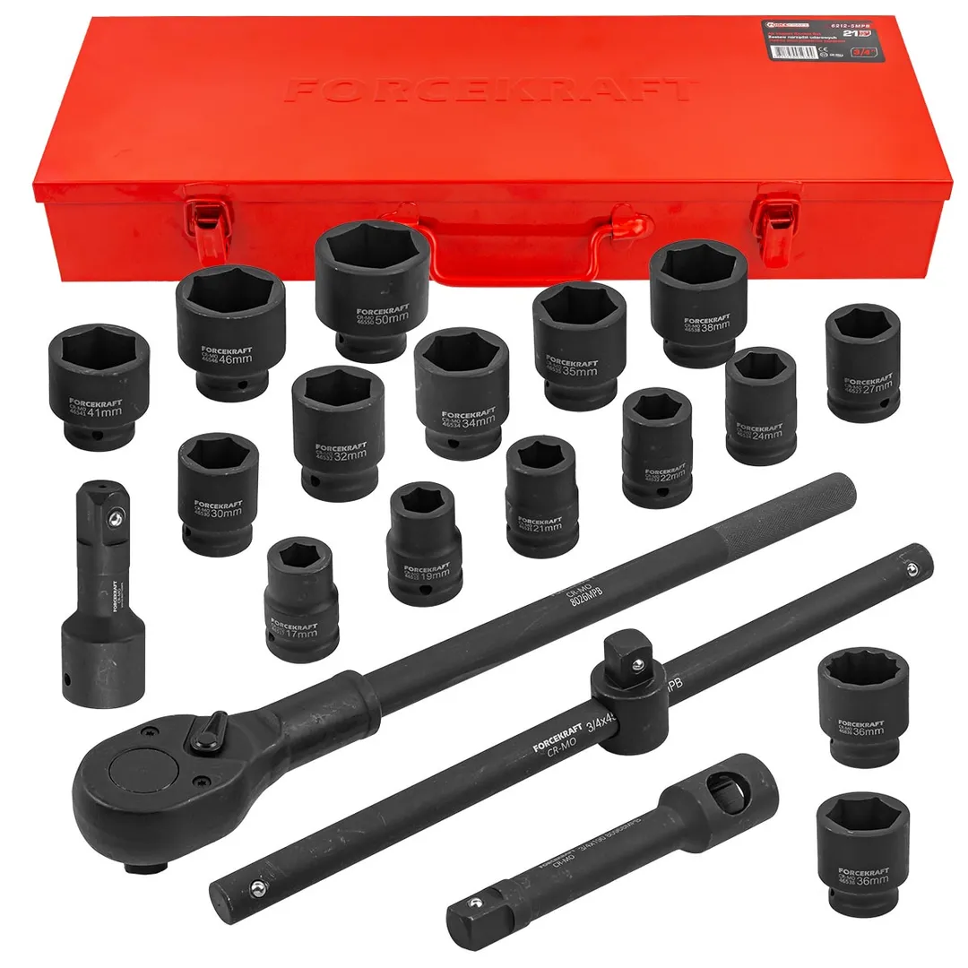 Набор инструментов ударных 3/4", 6гр, 21пр. (17-50мм) FORCEKRAFT FK-6212-5MPB
