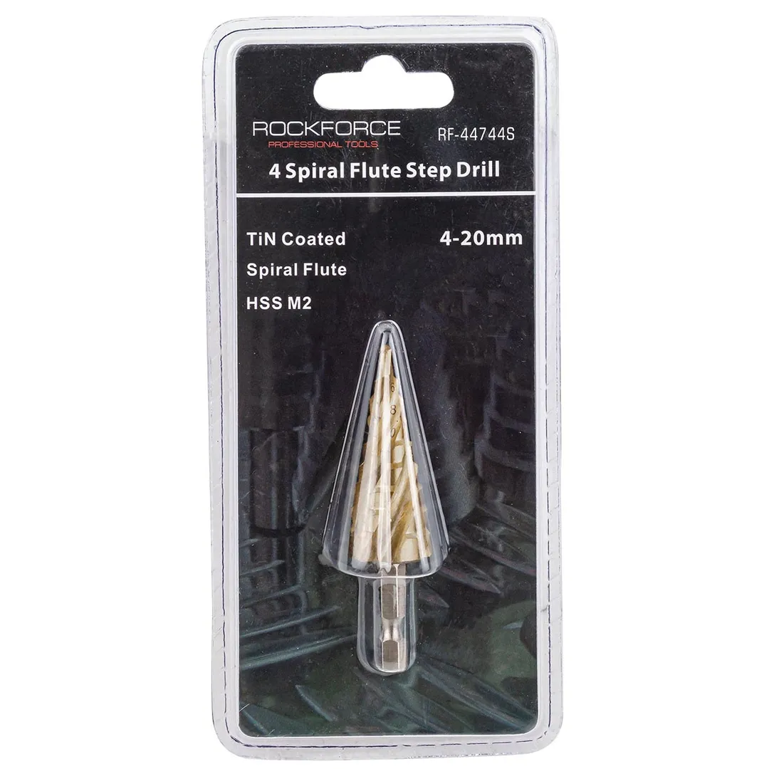Сверло ступенчатое спиральное TIN HSS M2 (4-20 мм) Rock FORCE RF-44744S
