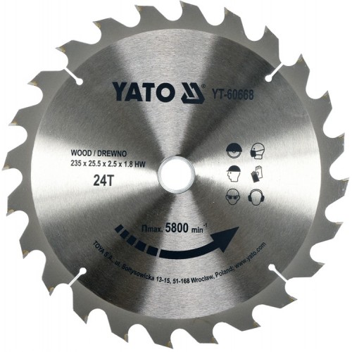 Диск пильный с напаянными зубцами из твердых сплавов 235/25.4 24T  ...YATO YT-60668