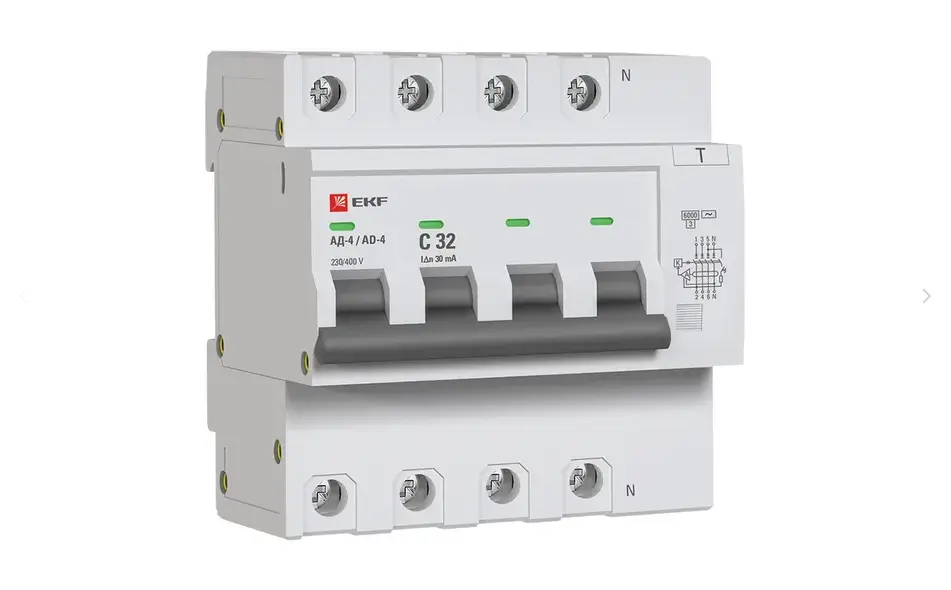 Диф. автомат 4P 32А 30мА тип АС х-ка C эл. 6кА АД-4 EKF DA4-6-32-30-pro
