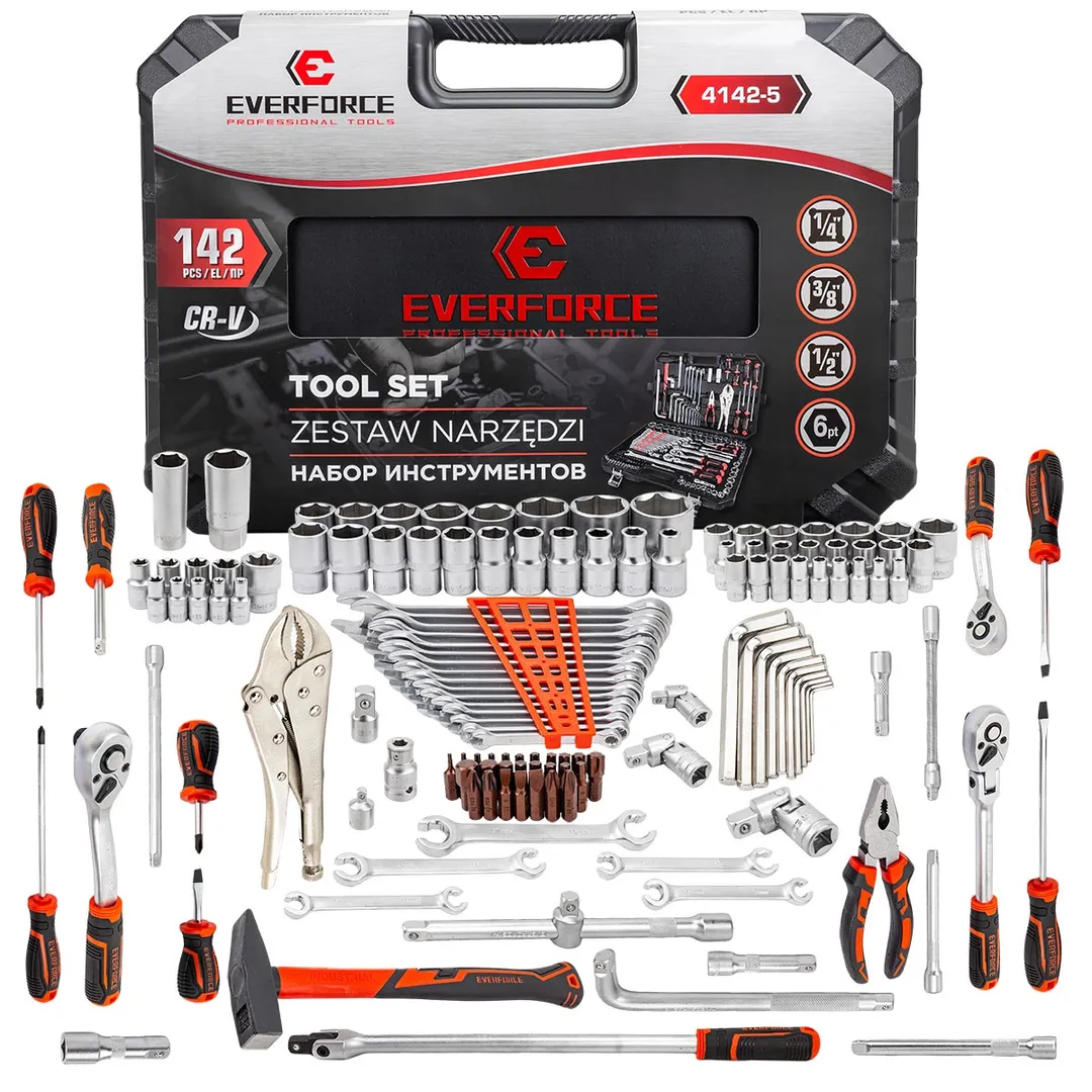 Набор инструментов 142пр. 1/4", 3/8", 1/2" (6гр.) EVERFORCE EF-4142-5