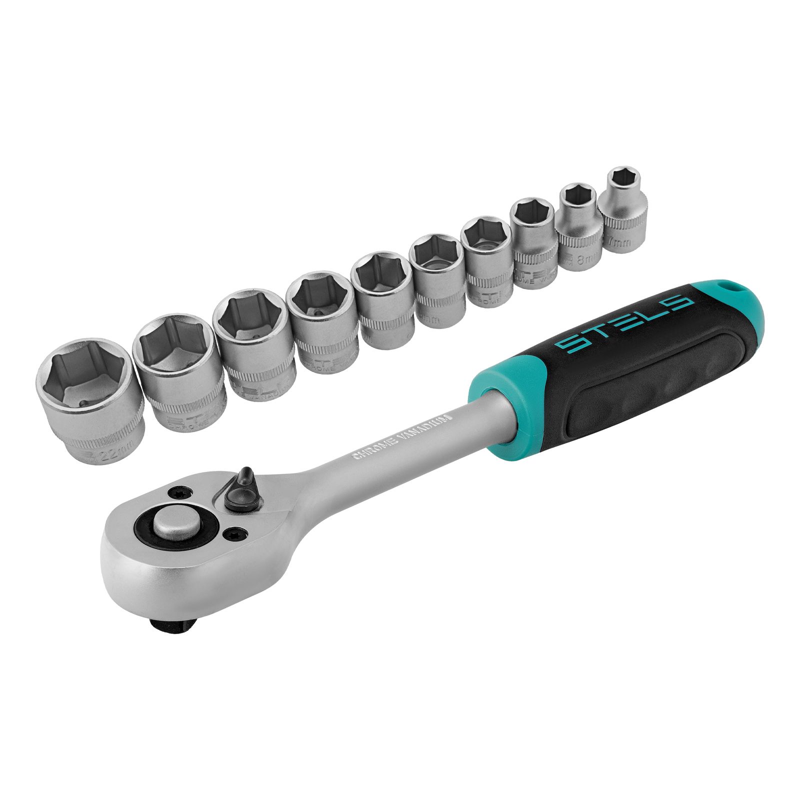Набор торцевых головок, 3/8", головки 7 - 22 mm, с трещот. ключом, CrV, 11 предм. Stels 14126