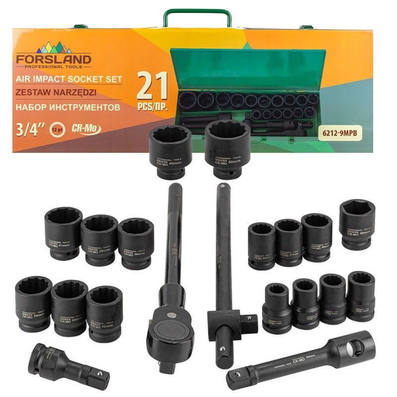 Набор инструментов ударных 21пр. 3/4" 12гр. (17-50мм) Forsland Forsland-6212-9MPB