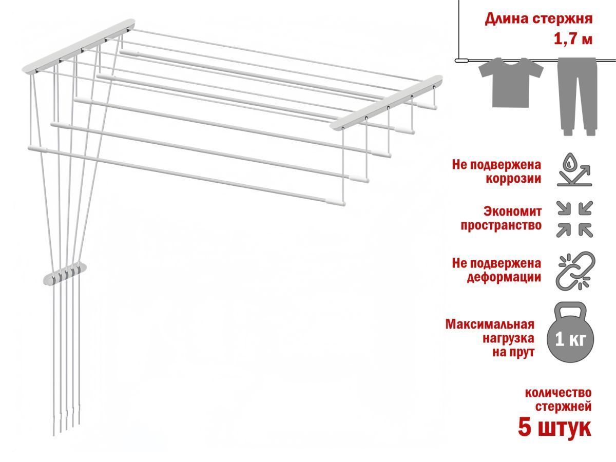 Сушилка для белья потолочная стальная 1.7 м, 5 стержней, белая PERFECTO LINEA 36-002171