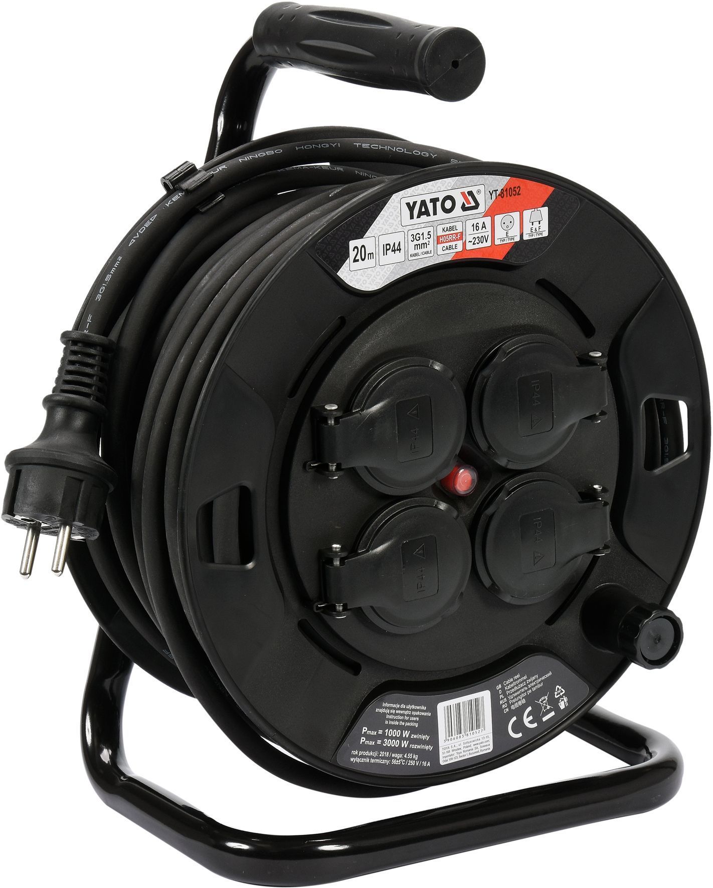 Удлинитель электрический H05RR-F 3G1.5mm на катушке 20м 4 розетки YATO YT-81052