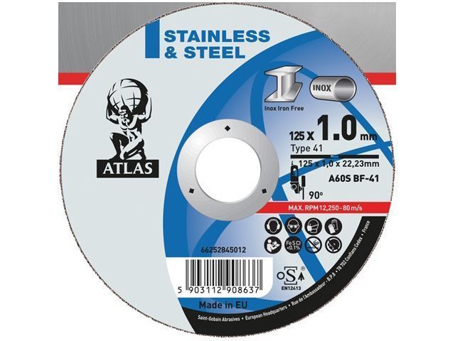 Круг отрезной 125x1.0x22.2 mm для металла ATLAS (A60S-T41 металл/нержавейка)  ...NORTON 66252845012