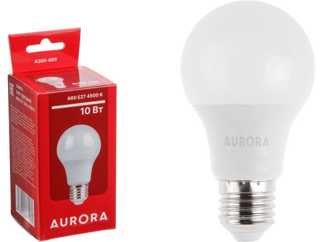 Лампа светодиодная A60 СТАНДАРТ 10Вт 230В E27 4500K  AURORA A200-005