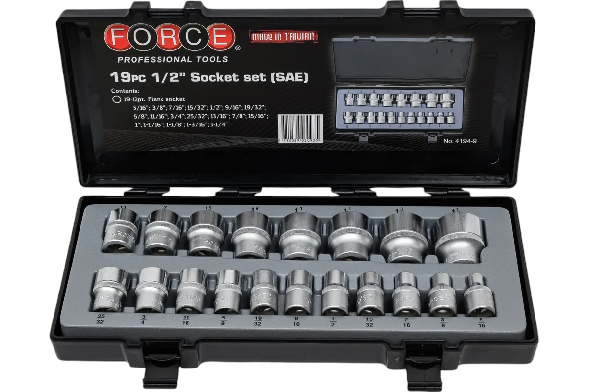Набор дюймовых головок 1/2", 5/16" до 1-1/4", 19 пр. 12гр. Force 4194-9