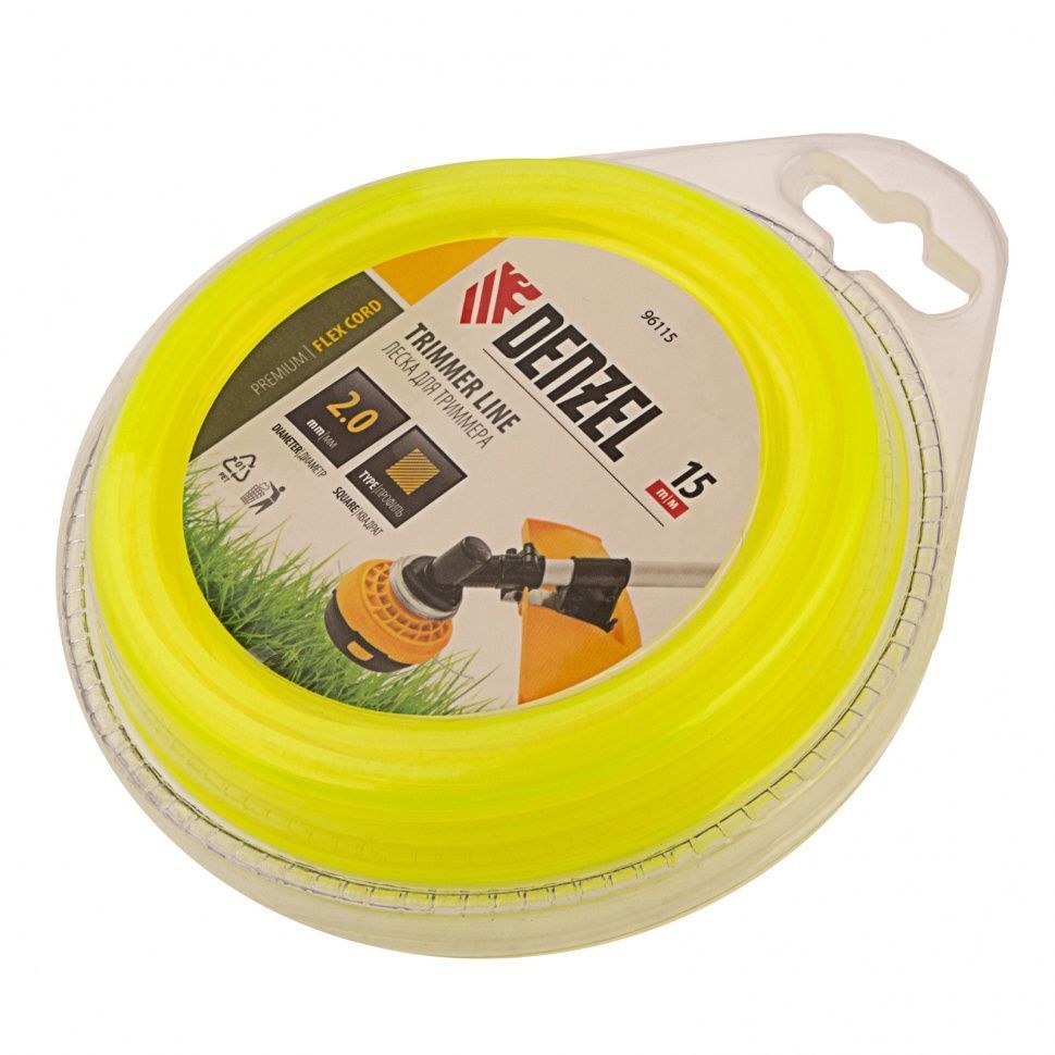 Леска для триммера квадрат 2 mm х 15 м, блистер FLEX CORD DENZEL 96115