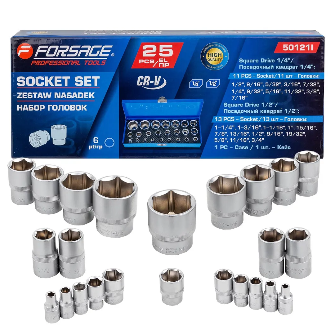 Головки 1/4", 1/2", набор 25пр.  Forsage F-50121I