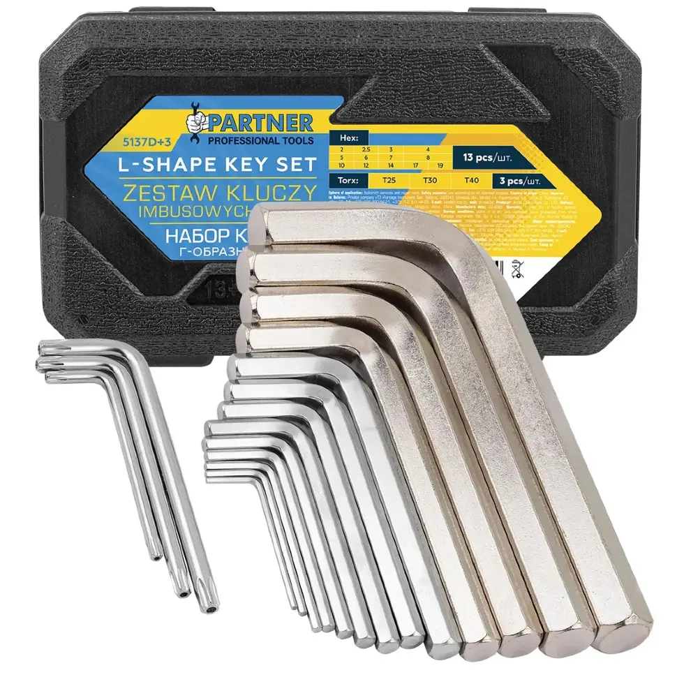 Ключи Г-образные 6-гранные, набор 13+3пр. (2, 2.5, 3-8, 10, 12, 14, 17, 19мм + T25, T30, T40) Partner PA-5137D+3