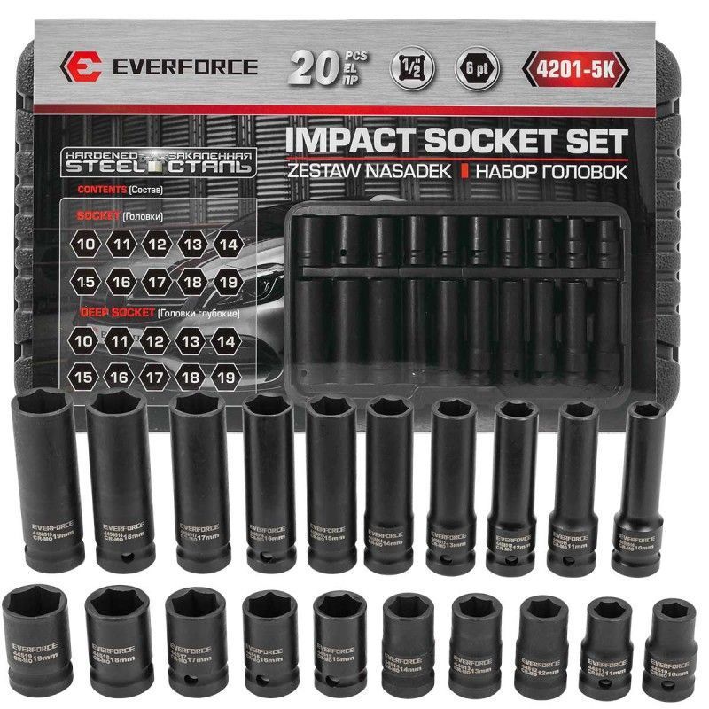 Головки, набор 20пр., 1/2" (6гр.) EVERFORCE EF-4201-5K
