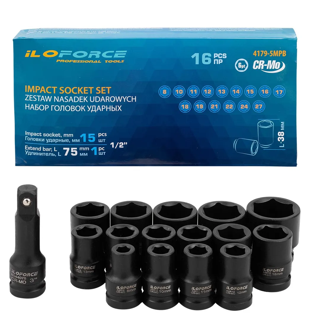 Набор головок ударных 16пр. 1/2" 6pt ILOforce IF-4179-5MPB