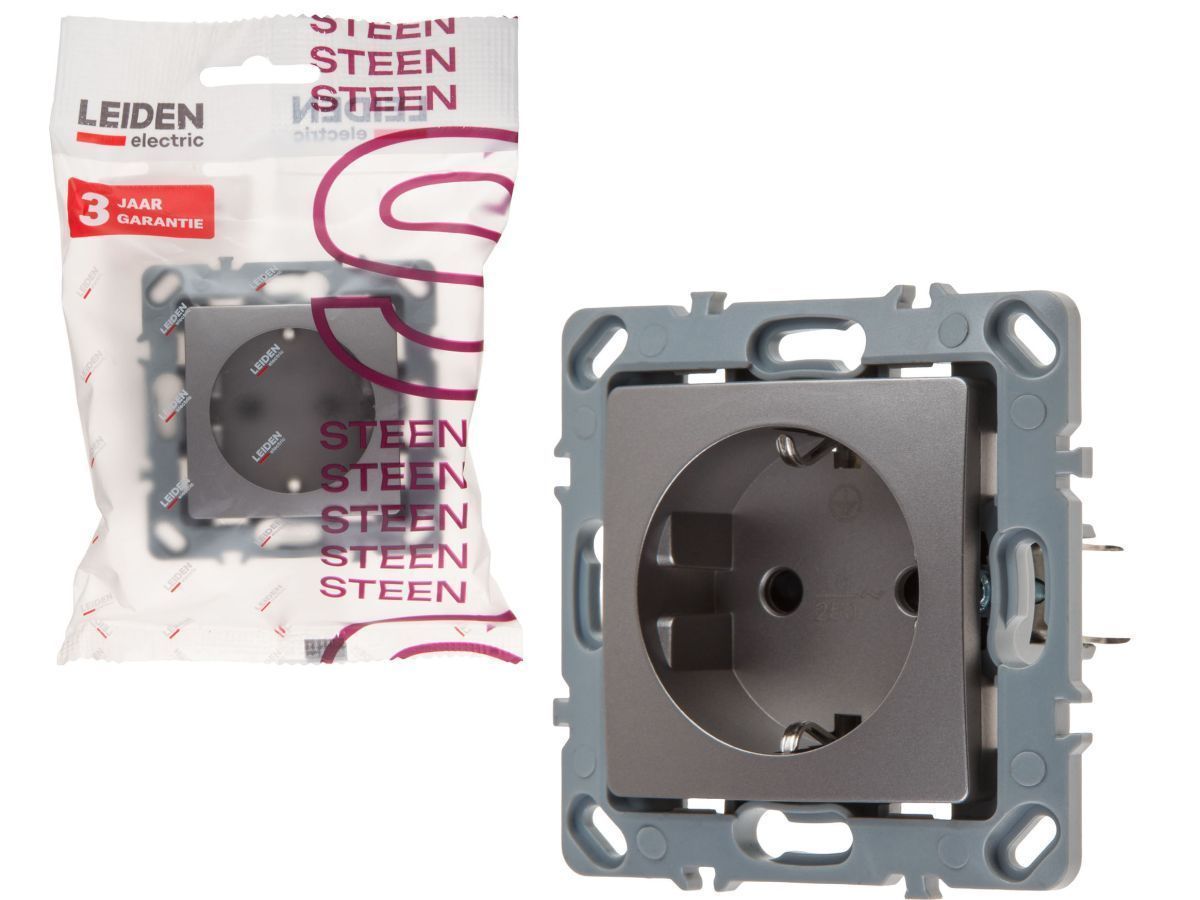 Розетка 1-ая (скрытая, механизм, с/з) алюминий, Steen LEIDEN ELECTRIC 806074