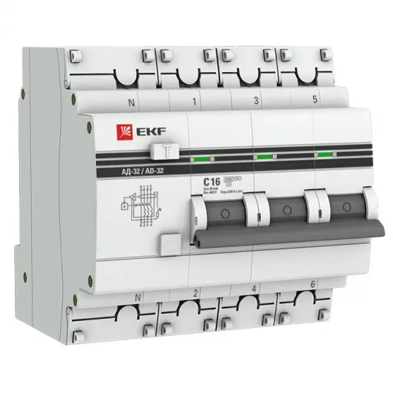 АД-32 3P+N 16А (С) 30мА тип (АС) эл. 4,5кА PROxima EKF DA32-16-30-4P-pro