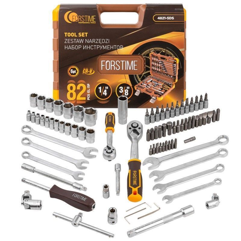 Набор инструментов в пластиковом кейсе (82 предмета) 1/4". 3/8" FORSTIME FT-4821-5DS