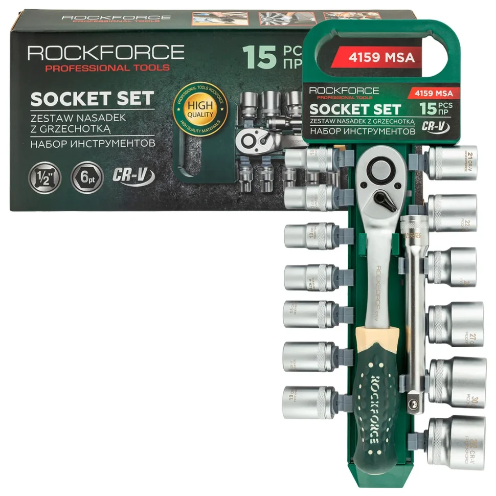 Набор инструментов, головки с ключом трещоточным и удлинителем 150мм, набор 15пр., 1/2" (6гр.) ...Rock FORCE RF-4159 MSA