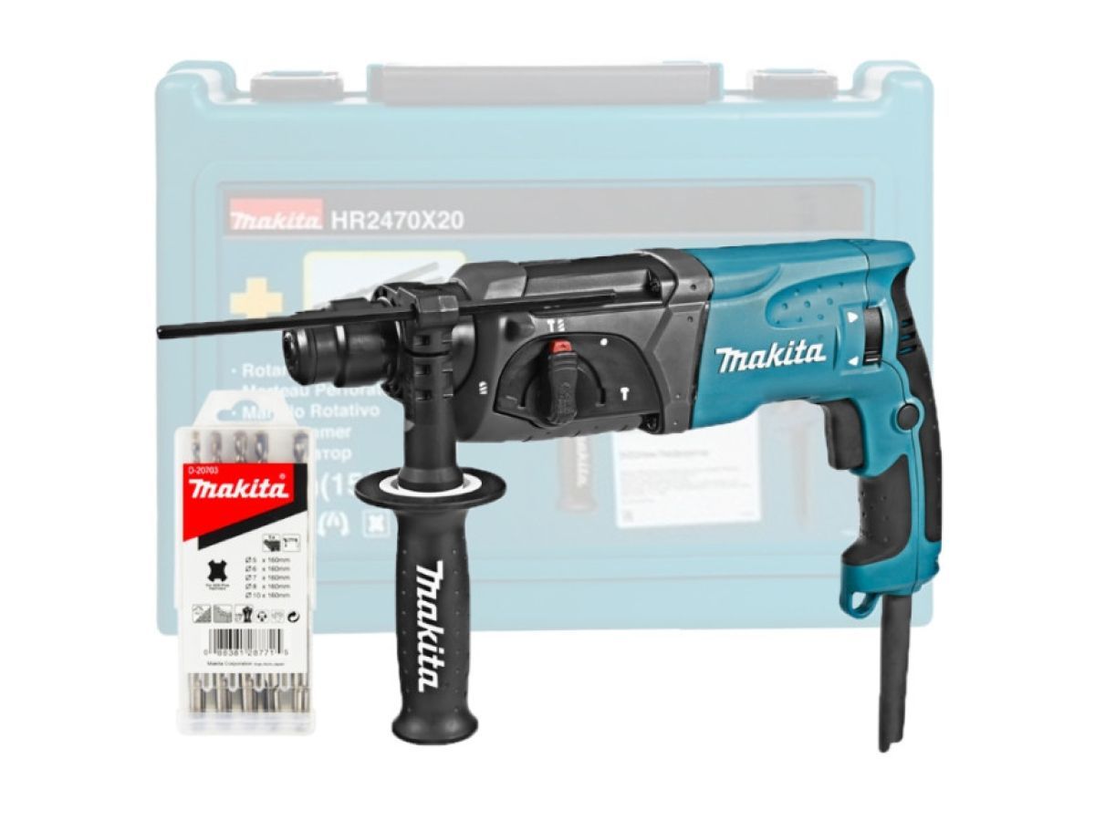 Перфоратор HR 2470 X20 в чем. + набор буров D-00703 5 шт. ,780 Вт, 2.4 Дж, 3 реж., патрон SDS-plus, БЗП в комплекте, вес 2.6 кг, MAKITA HR2470X20
