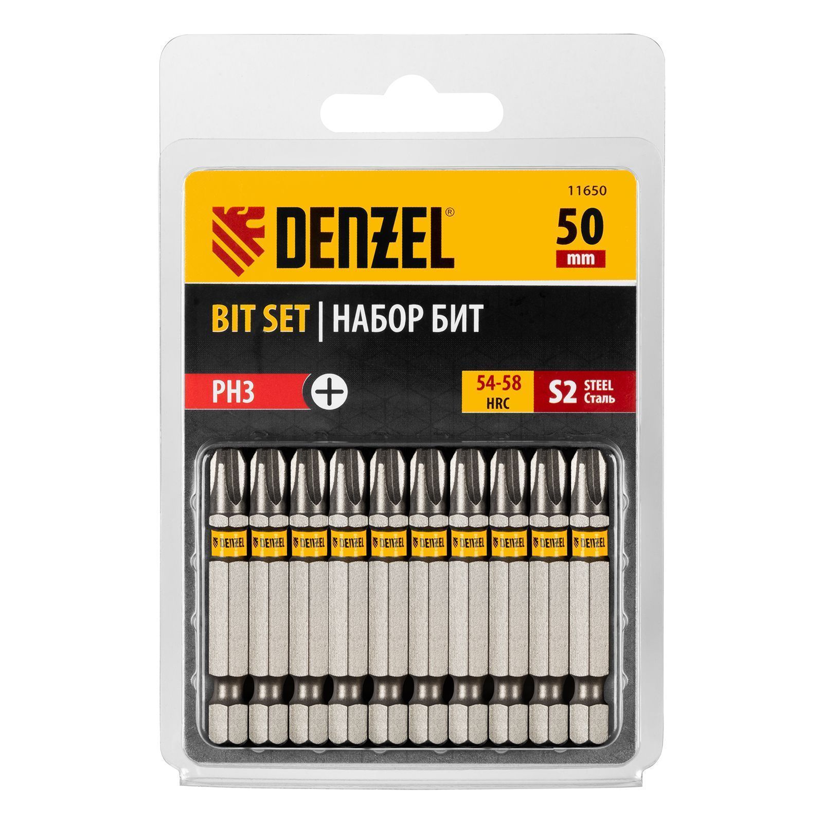 Набор бит PH3х50, сталь S2, шестигранный профиль, 10 шт. DENZEL 11650
