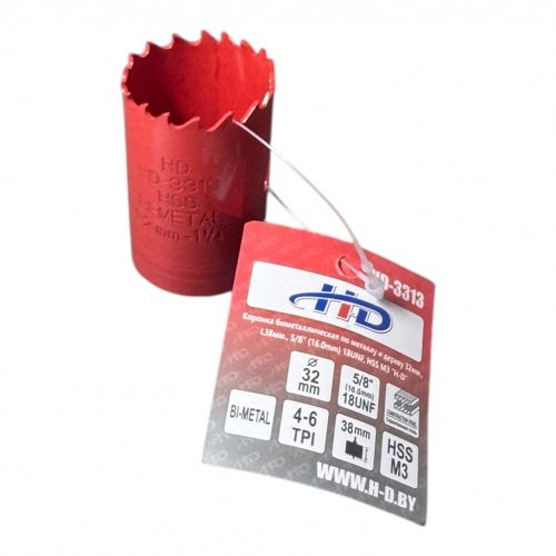 Коронка биметаллическая по металлу и дереву 32мм., L38мм., 5/8"-18UNF, HSS M3 H-D HD-3313