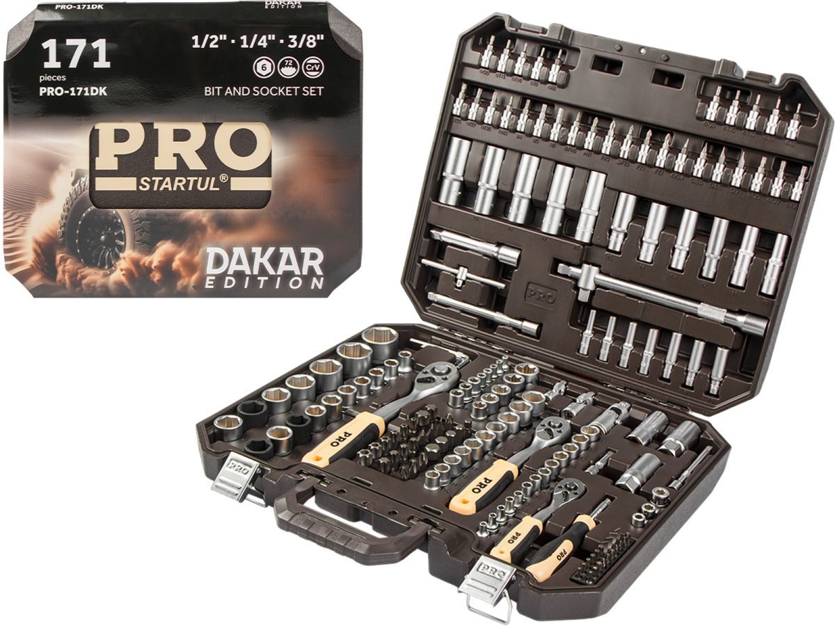 Набор головок и бит 171пр. 1/4",3/8",1/2" DAKAR (PRO-171DK) (усоверш. 6-ти гранный профиль головок, плавающие удлинители) PRO STARTUL PRO-171DK