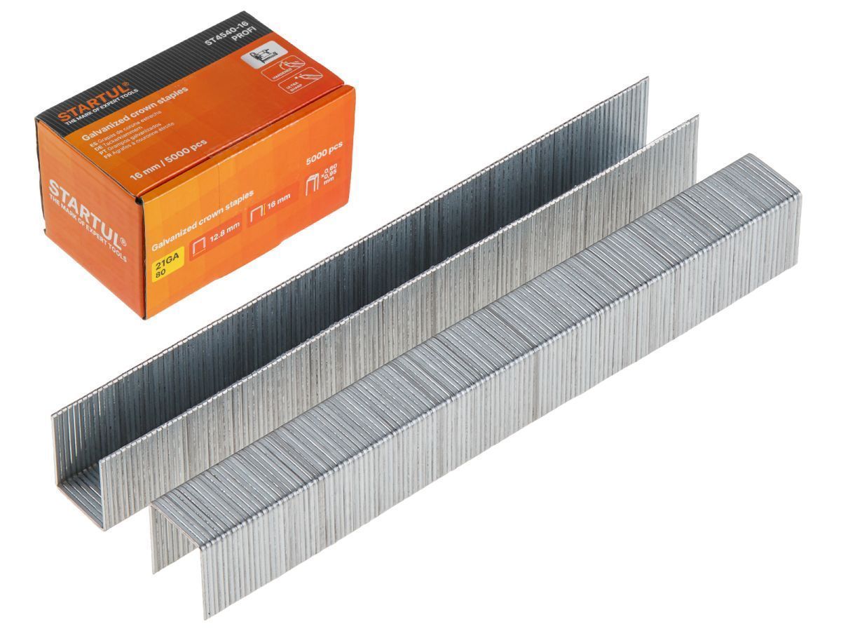 Скобы тип 21GA 16мм (5000шт) PROFI (ST4540-16) (для пневмостеплера, сечение 0,60х0,95мм, ширина скобы 12,8мм) STARTUL ST4540-16