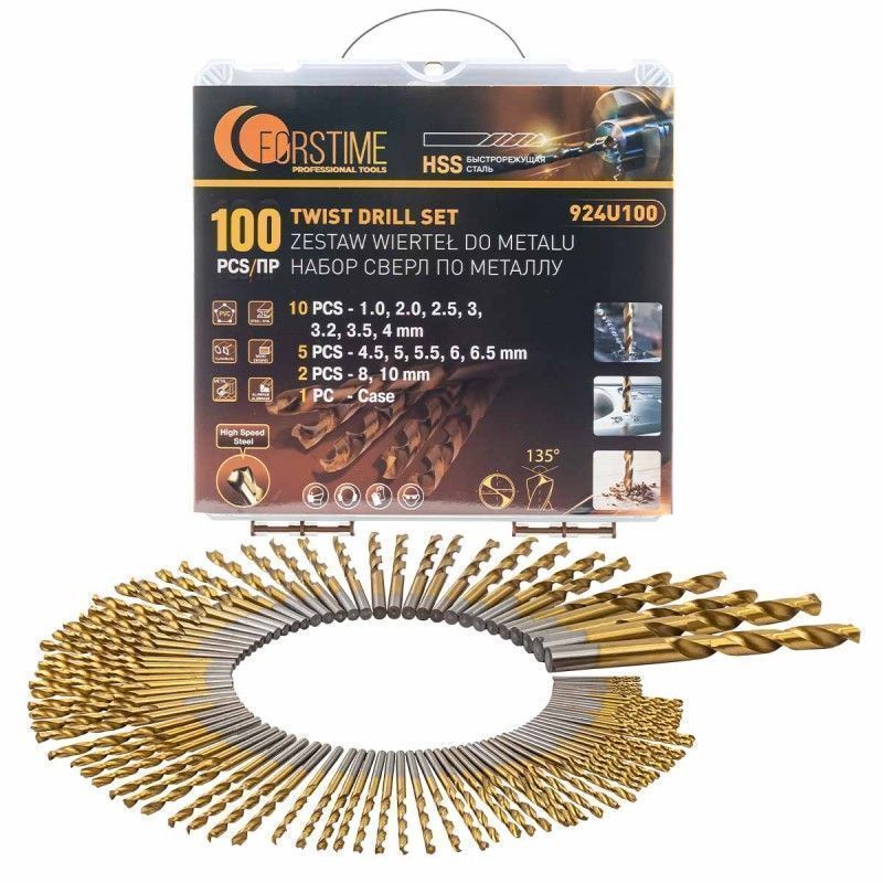 Сверла по металлу, набор 100пр. 1-10мм FORSTIME FT-924U100