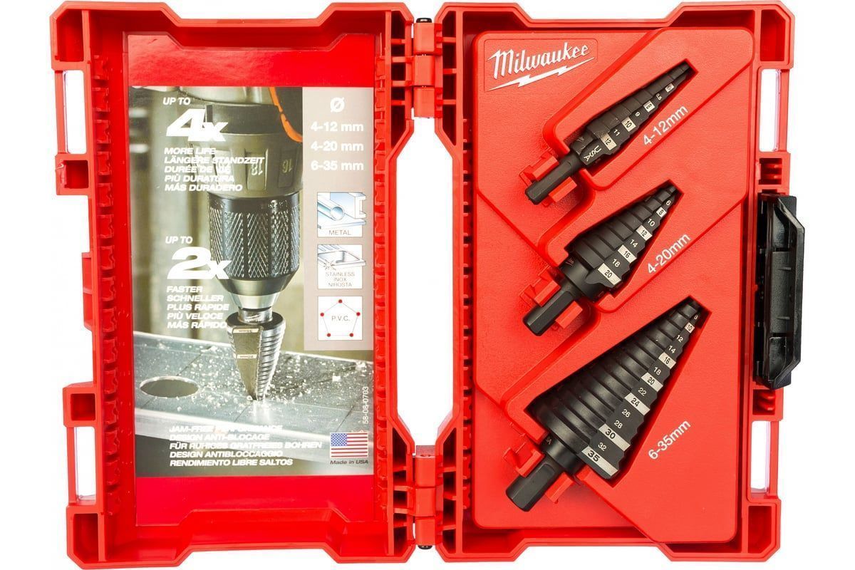 Ступенчатые сверла 4-12 / 4-20 / 6-35 мм Step Drill (3 шт) в кейсе MILWAUKEE ...Milwaukee 48899399