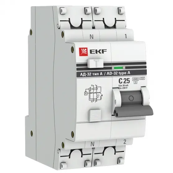 АД-32 1P+N 25А (С) 30мА тип (А) эл. 4,5кА PROxima  EKF DA32-25-30-a-pro