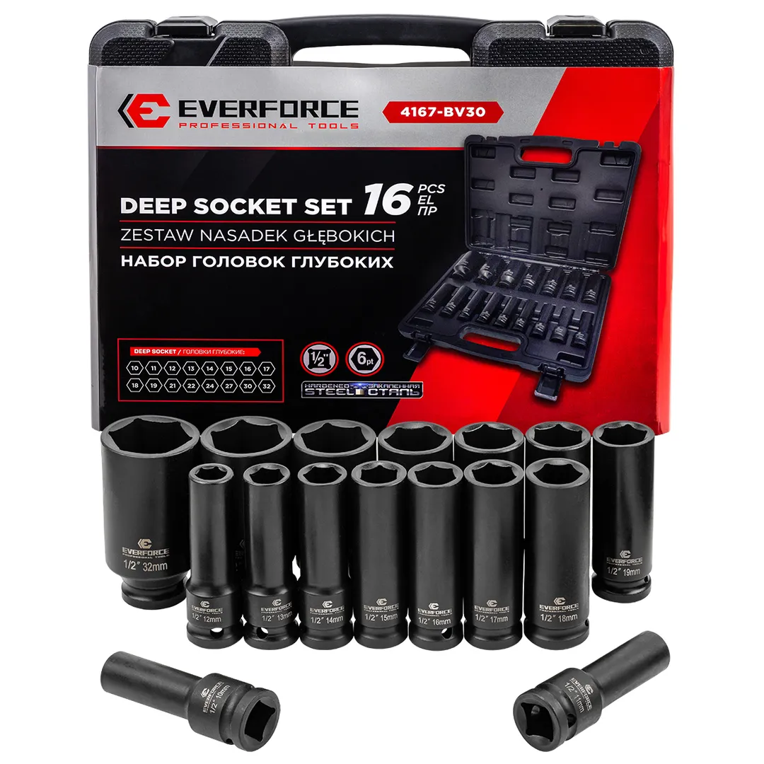 Головки глубокие 1/2'', набор 16пр. (6гр.)  EVERFORCE EF-4167-BV30