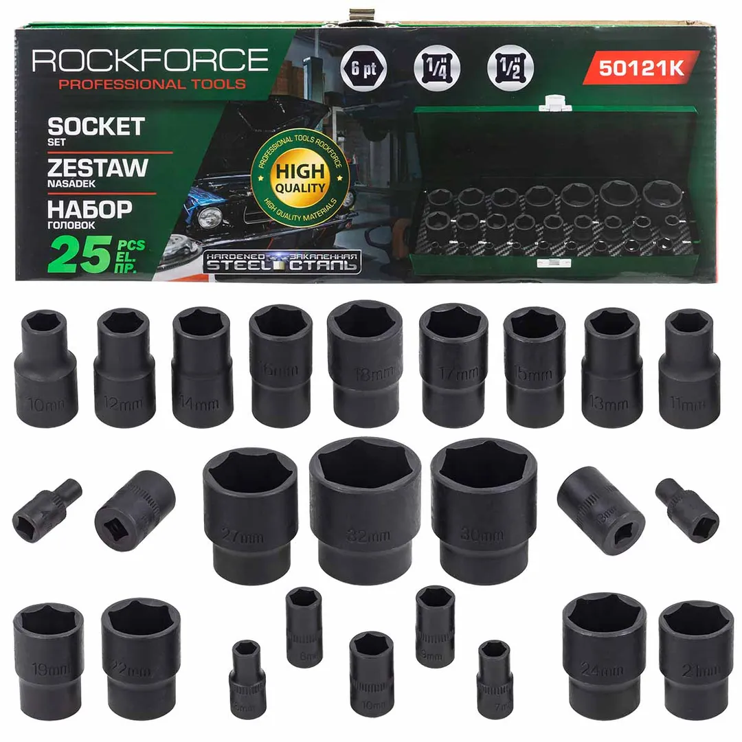 Головки ударные, набор 25пр. 1/4", 1/2" 6гр. (4-32мм) RockFORCE RF-50121K