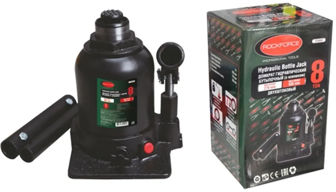 Домкрат бутылочный двухштоковый 8т (высота подхвата - 270мм, высота подъема - 635мм, ход штока - 285...Rock FORCE RF-TF0802