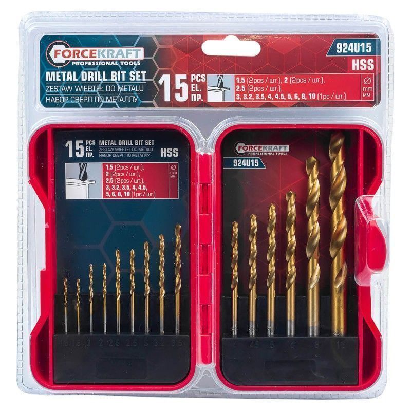 Сверла по металлу, набор 15пр. 1.5-10мм  FORCEKRAFT FK-924U15