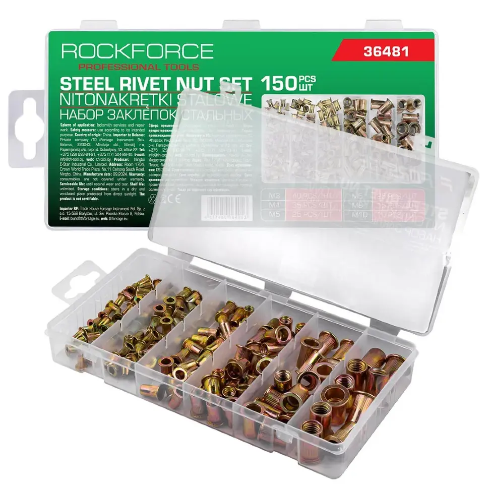 Заклепки резьбовые стальные М3-М10, набор 150пр. RockFORCE RF-36481 Заклепки резьбовые стальные М3-М10, набор 150пр. RockFORCE RF-36481