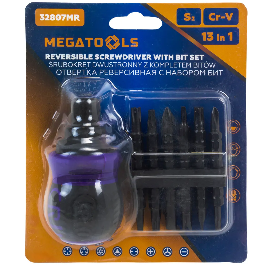 Отвертка реверсивная в комплекте с битами, набор  MEGATOOLS MT-32807MR
