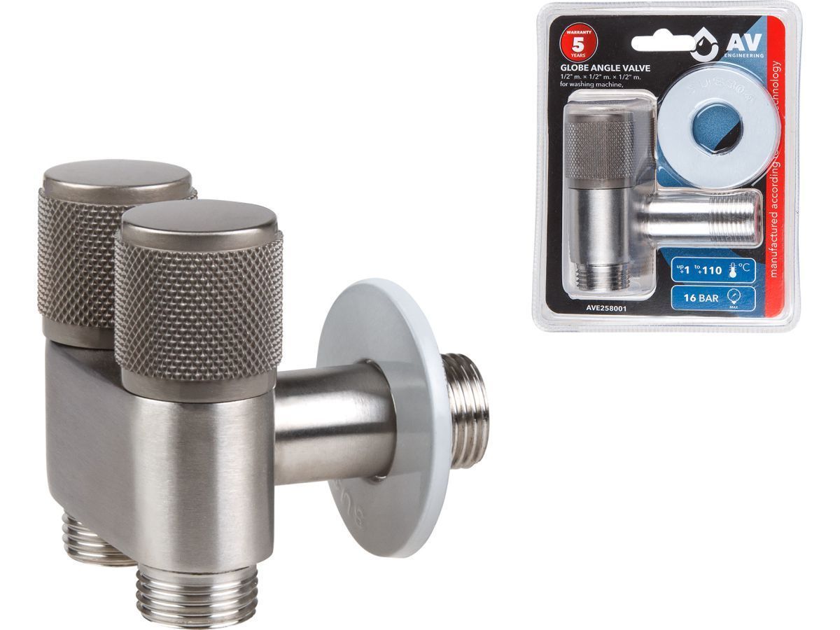 Кран вентильный угловой 1/2" нар. Х 1/2" нар. Х 1/2" нар. установочный (Нерж. сталь, макс.  16 бар, макс.  110 °С) AV Engineering AVE258001