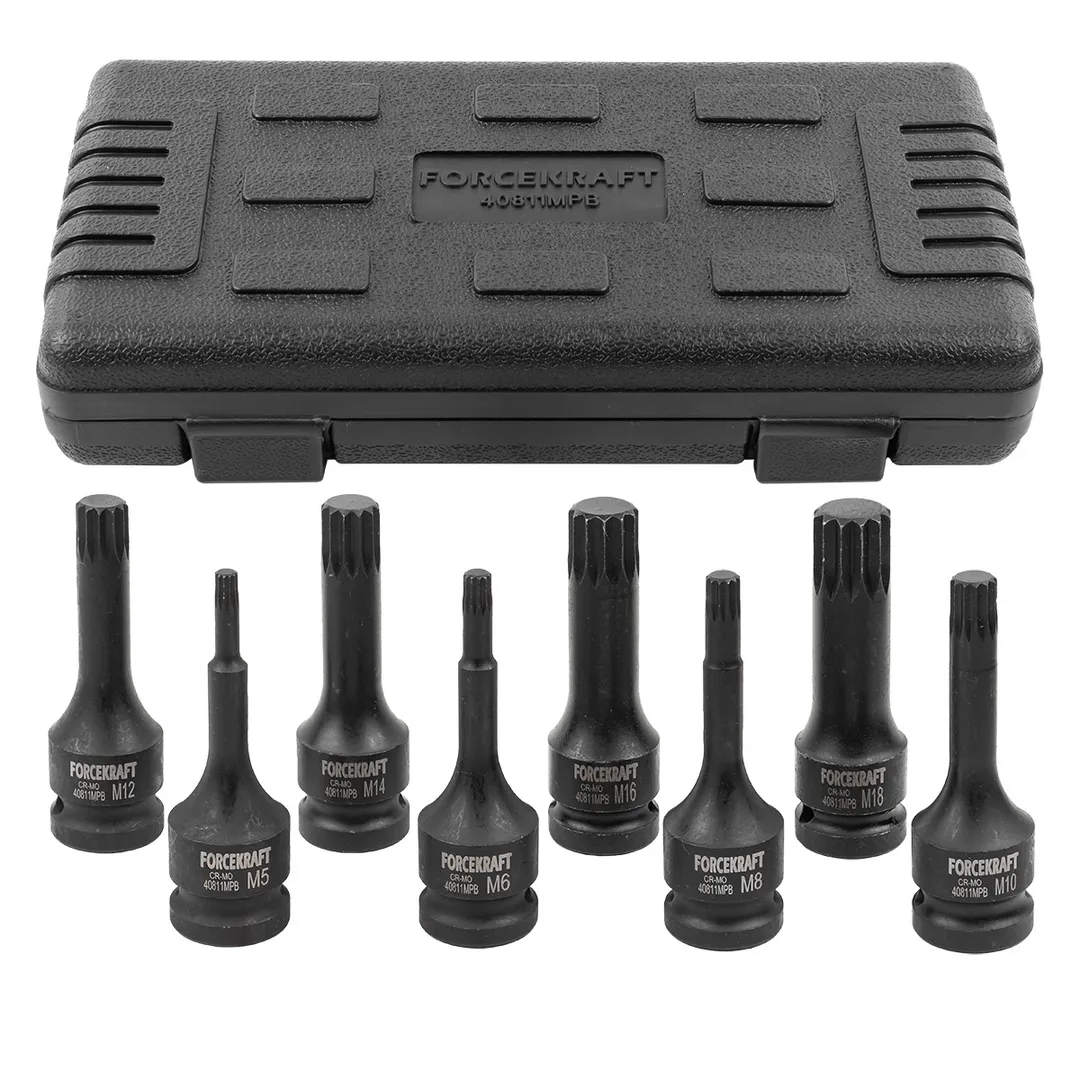 Набор головок-бит SPLINE ударных 8пр.,1/2"(M5, M6, M8, M10, M12, M14, M16, M18), в кейсе FORCEKRAFT FK-40811MPB